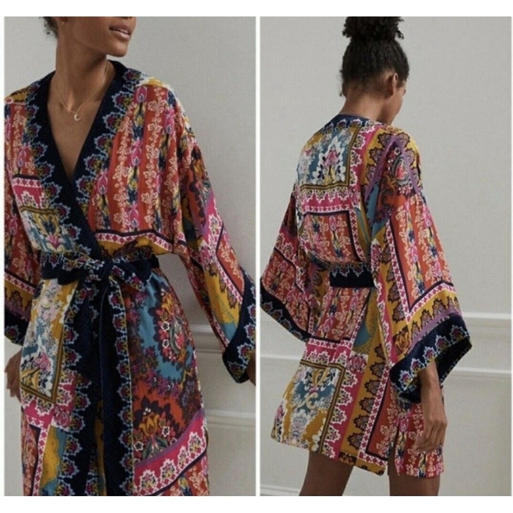 Anthropologie Zadie Velvet Robe Kimono M/L Boho Patchwork Floral Duster Jacket